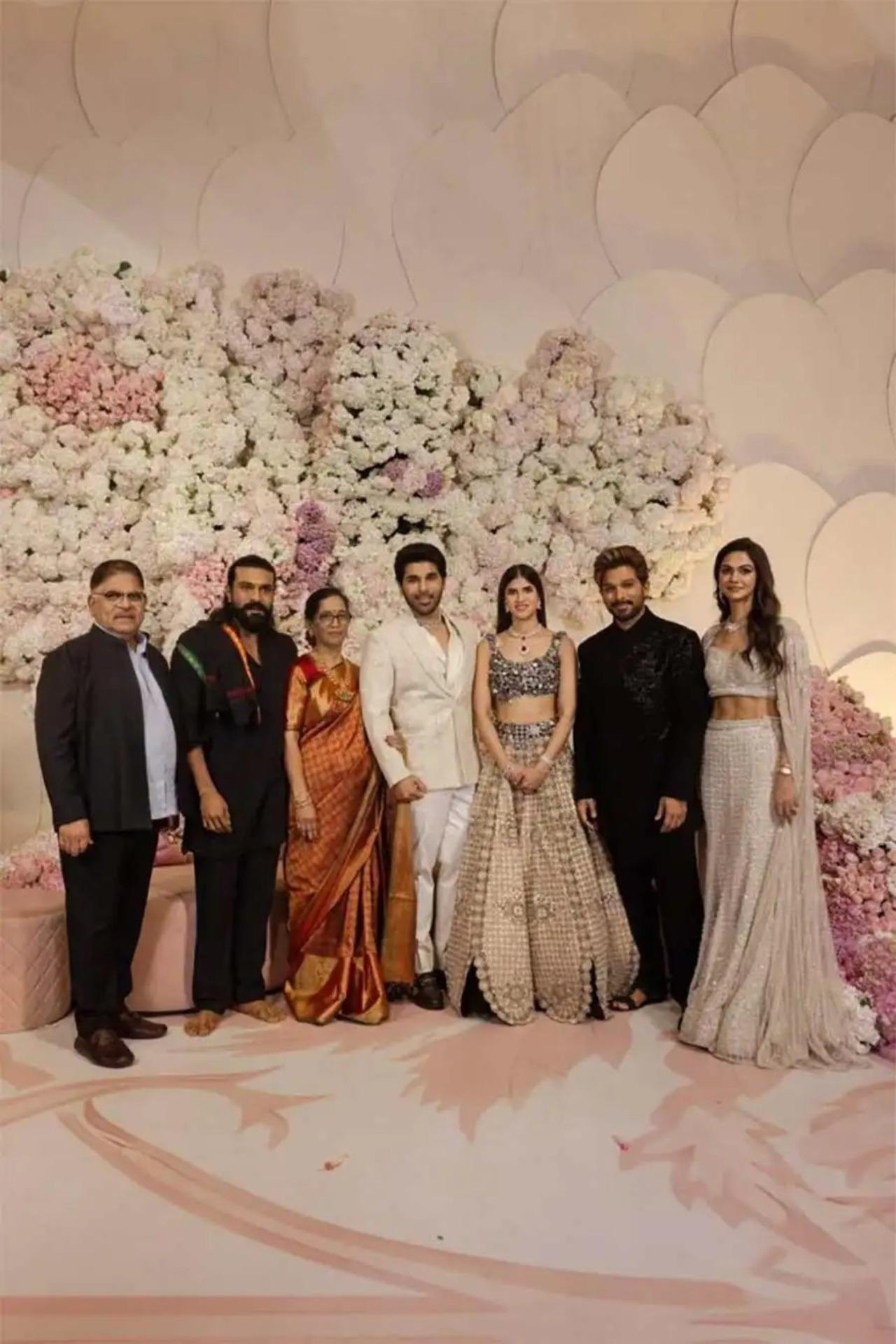 Cousin Ram Charan, who is currently on his Ayyappa deeksha, was seen posing with the Allu family.