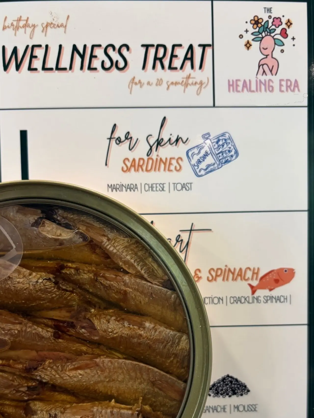 The celebrations seemingly had, 'Wellness treats' including spiced sardines placed in a bowl.