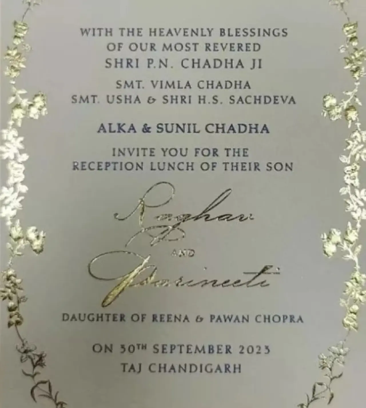 While Parineeti's side of wedding invites had separate cards for each function compiled in one, Raghav's side card was more formal and stylish, featuring their names written in gold along with similar vine designs creating a border on a pearl white base.