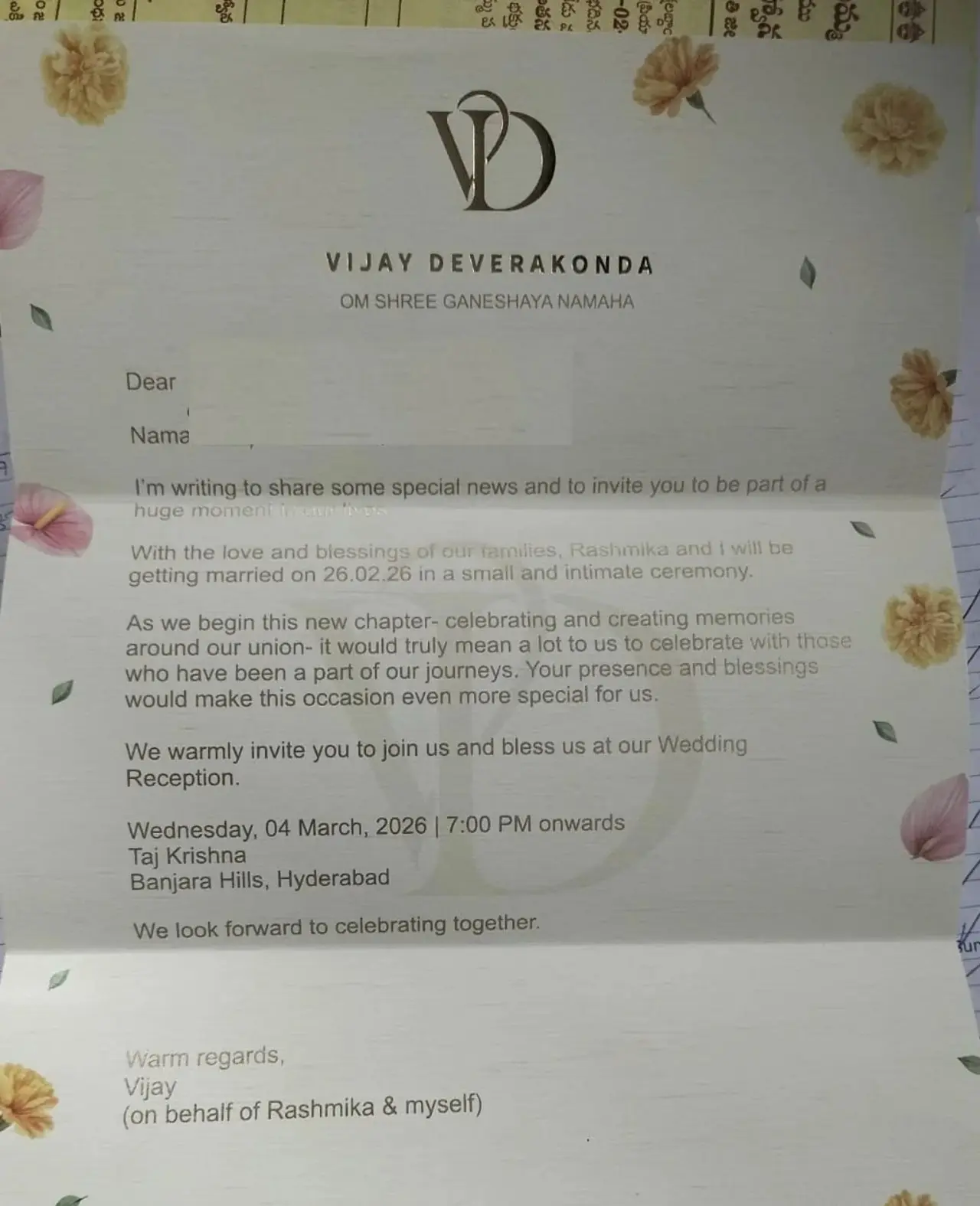 A few days ago Vijay Deverakonda's wedding invite with Rashmika Mandanna went viral. It included a formal feel with a letter design featuring his logo at the top and a watermark. It also had a tiny floral design at the edges.