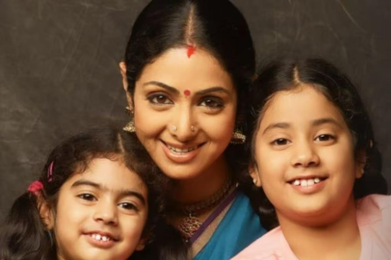 Little Khush and Janhvi are seen posing for a picture as mother Sridevi cuddles up her daughters.