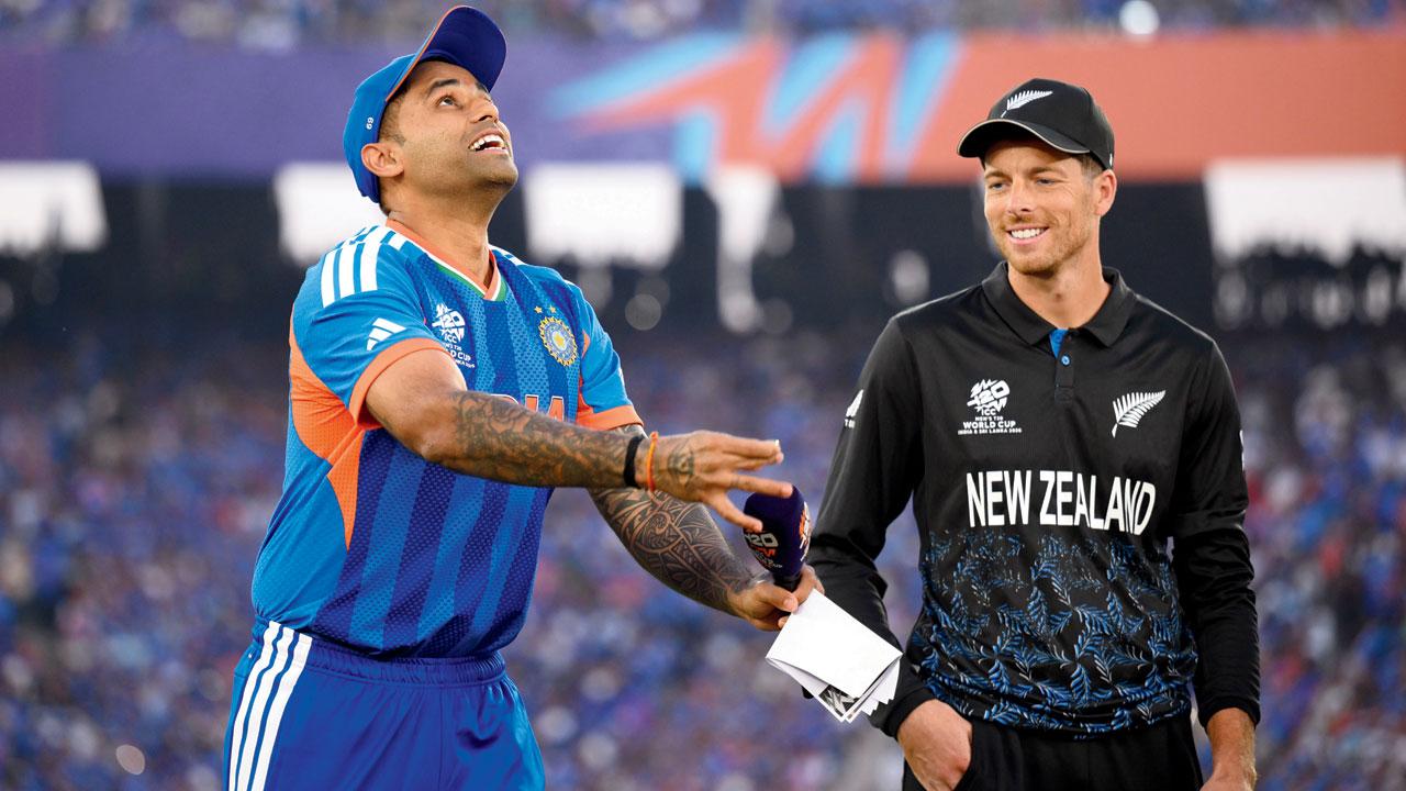 Toss ka boss: NZ’s Mitchell Santner wins the toss and elects to bowl first, surprising many. Pics/PTI, AFP, Getty Images