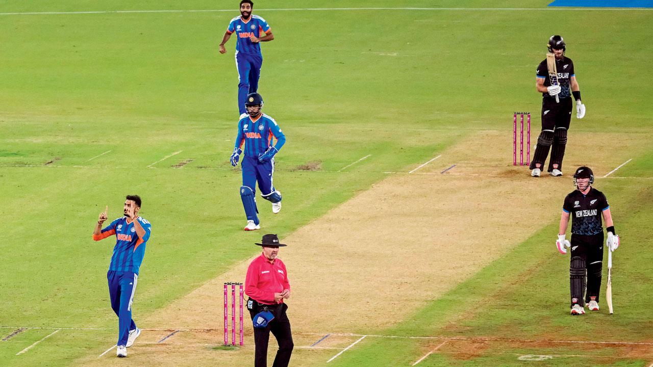 Axar’s opening blow: Spinner Axar Patel (left) strikes early, dismissing New Zealand’s big-hitting opener Finn Allen (9) to put the visitors under some early pressure