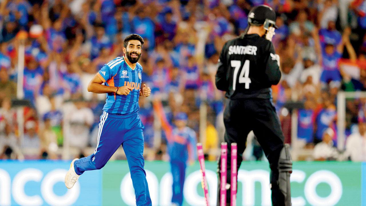 Bumrah’s best: India’s pace spearhead Jasprit Bumrah dismisses Santner (35-ball 43) to claim career-best figures of 4-15 in four overs