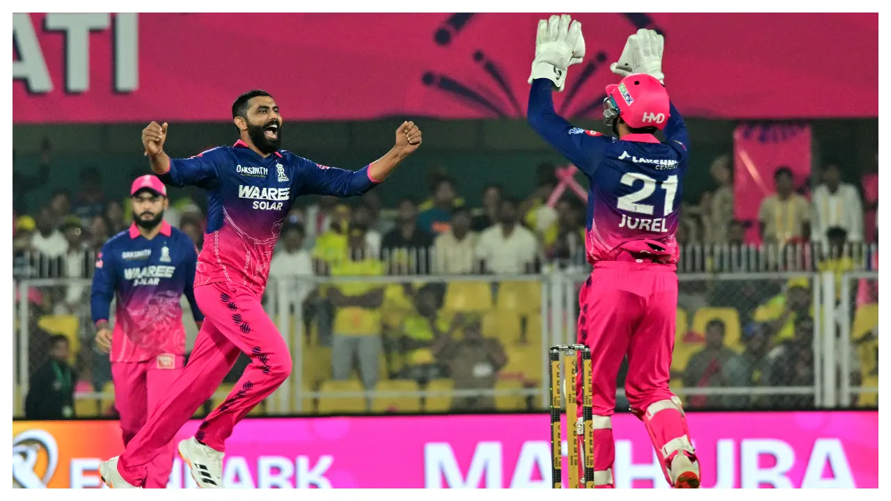 Rajasthan Royals' star all-rounder Ravindra Jadeja claimed two wickets by conceding 18 runs in three overs. Jadeja was swapped by CSK for Sanju Samson and impressed against his old team. (Pic: ANI)