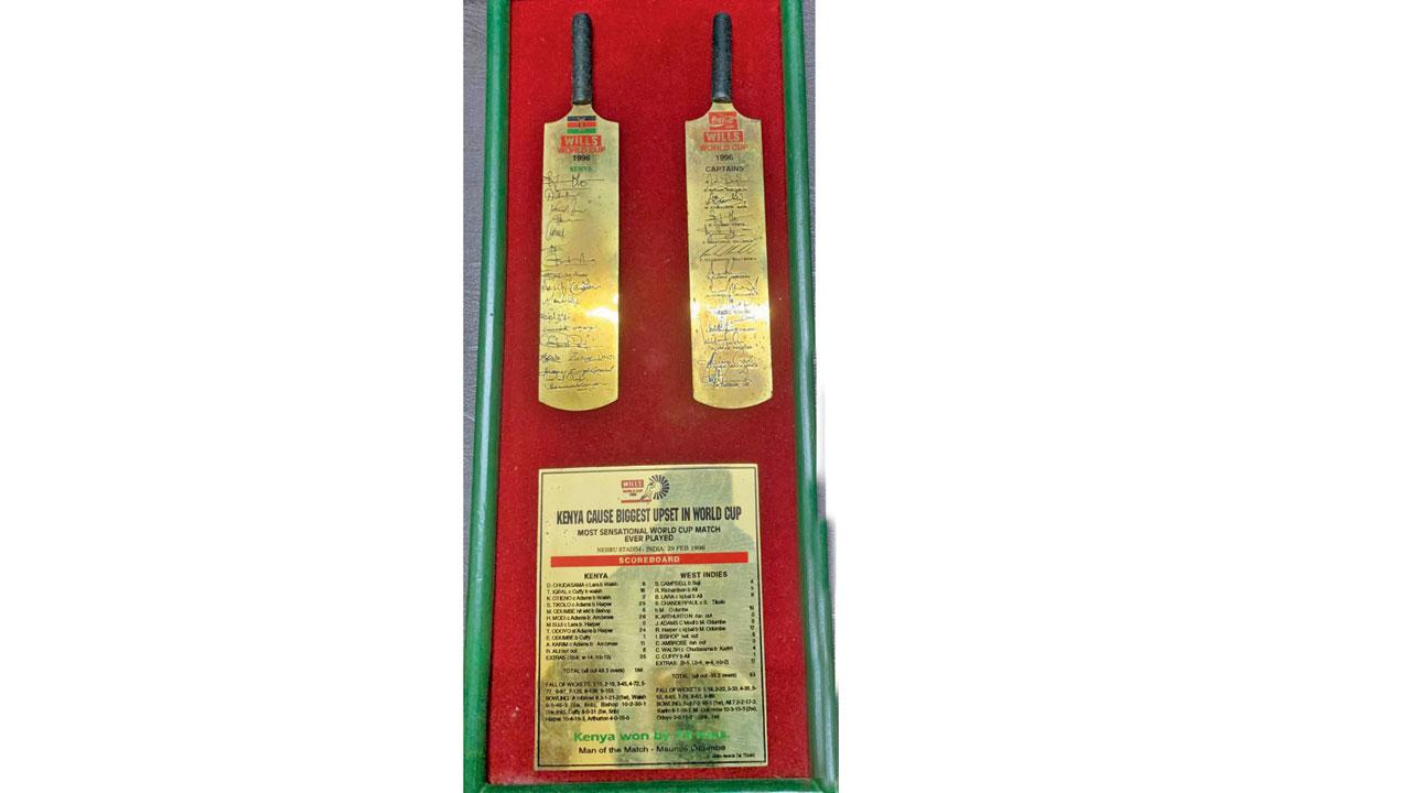 Mini bats,  major feat As expected, Kenya treated this win as a significant achievement. Those involved were given a metal scorecard of the Pune match mounted on a frame that also had a metal miniature bat bearing embossed signatures of the team, and another of the captains of all participating teams. Mumbai-based cricket memorabilia collector Amit Gadkari is a proud owner of  the collectible.