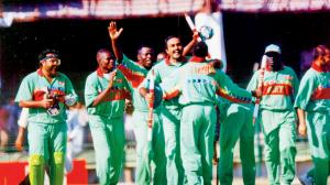 Aasif Karim (fourth from left) celebrates the win over West Indies on February 29, 1996, in Pune with his Kenyan teammates. Pic/mid-day archvies