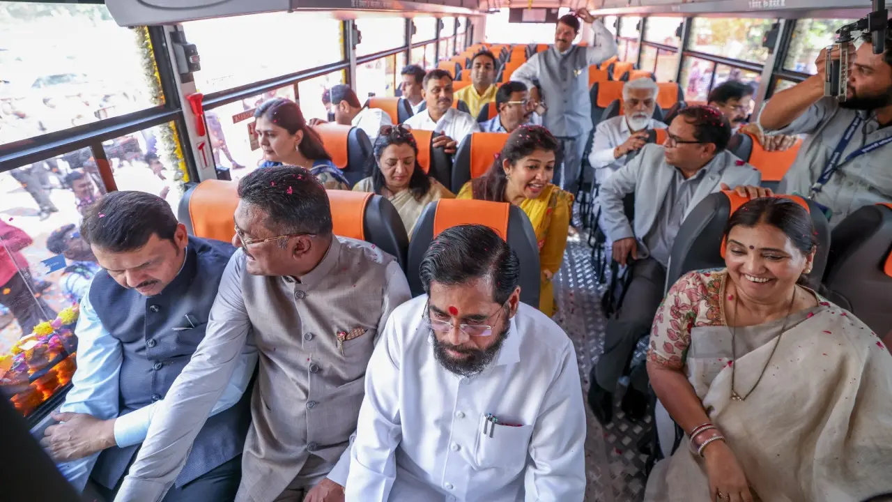 IN PHOTOS: Fadnavis, Shinde and Sunetra Pawar take ride in ‘Rajmata Jijau’ bus