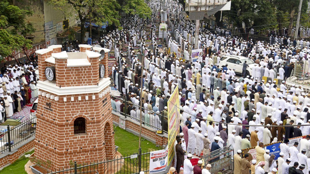 Celebrations unfold at Masab Tank in Hyderabad, Telangana, as people gather for Eid prayers. PICS/ PTI