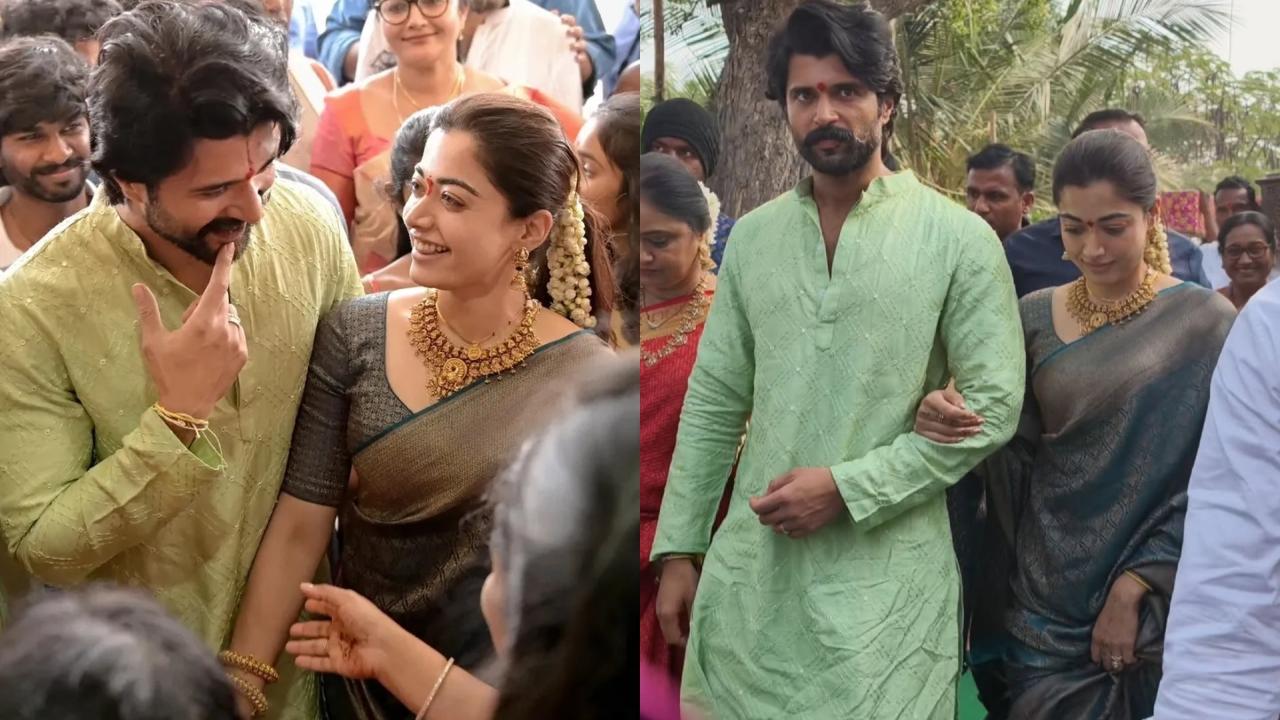 Rashmika Mandanna and Vijay Deverakonda were seen arriving at the latter's hometown, Thummanpet in Mahbubnagar, Telangana after wedding. The actress looked beautiful in a dark blue traditional silk saree with copper finish.
