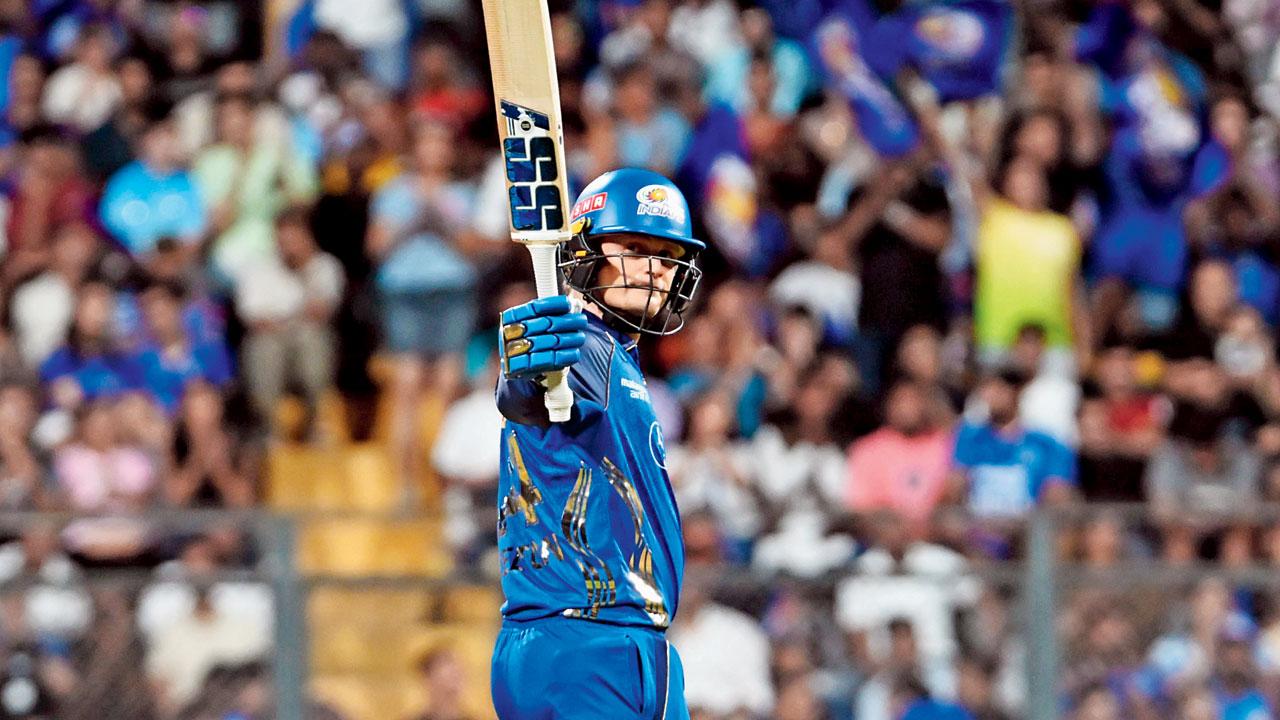 Ryan Rickelton celebrates his half-century  on Sunday. Pic/Atul Kamble