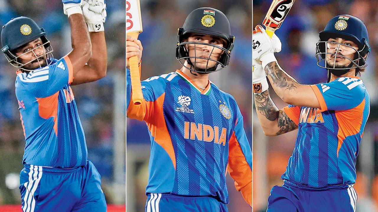 Sanju Samson during his 46-ball 89 against NZ in Ahmedabad on Sunday; India’s Abhishek Sharma celebrates his half-century; Ishan Kishan in full flow against New Zealand. Pics/PTI. Getty Images