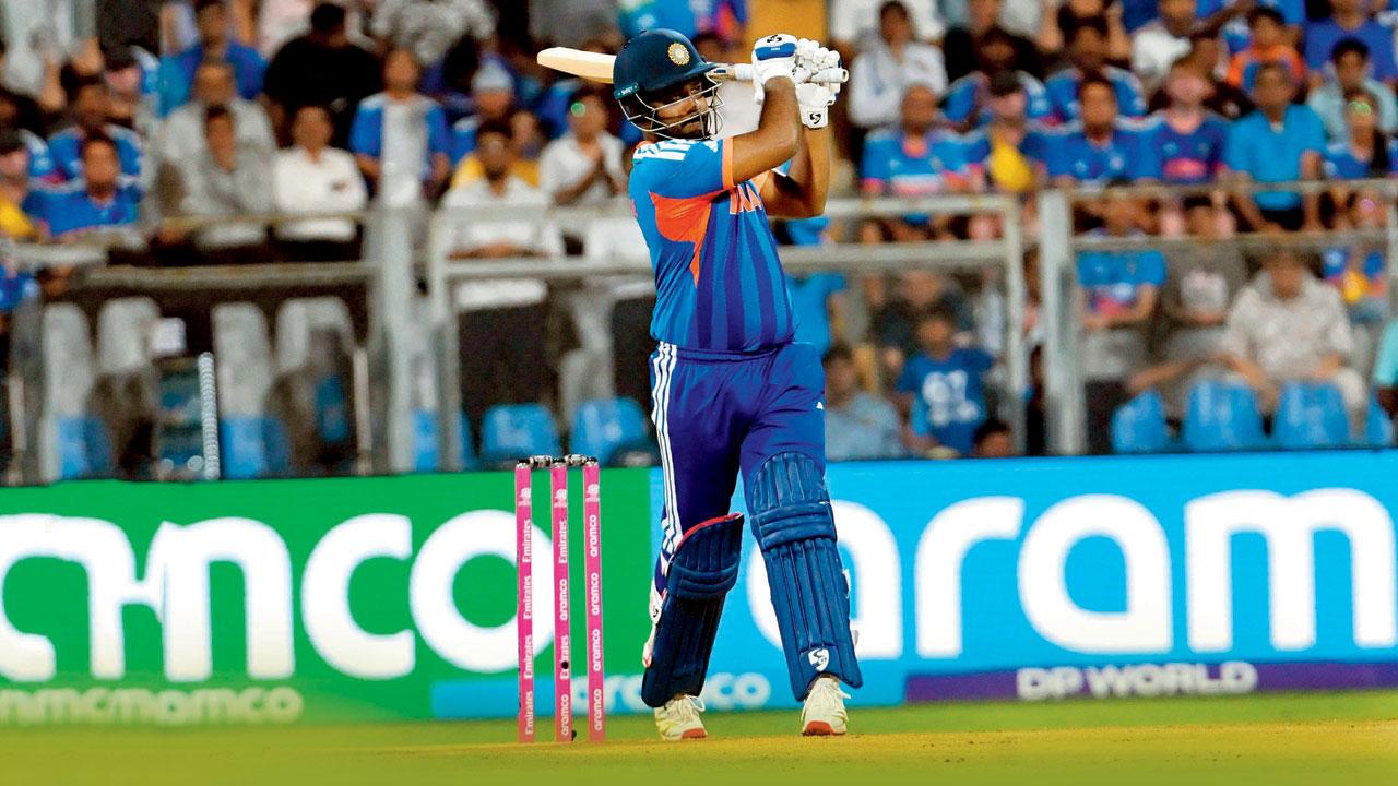 Sanju Samson during his 42-ball 89 against England at the Wankhede  Stadium on Thursday. Pic/Atul Kamble