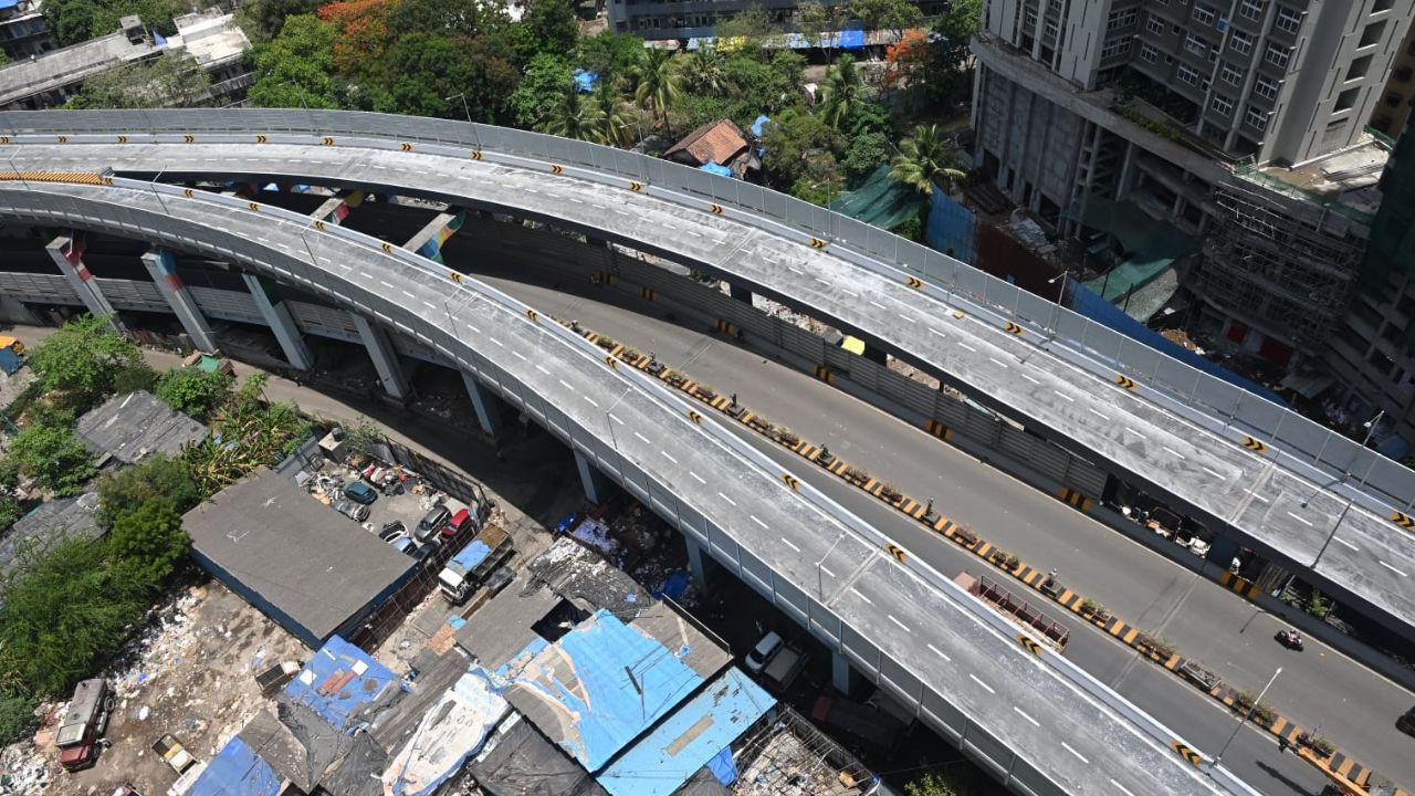 Aerial view of the newly completed 750-metre extension of the Mrinaltai Gore Flyover in Goregaon that was set to be opened on May 31