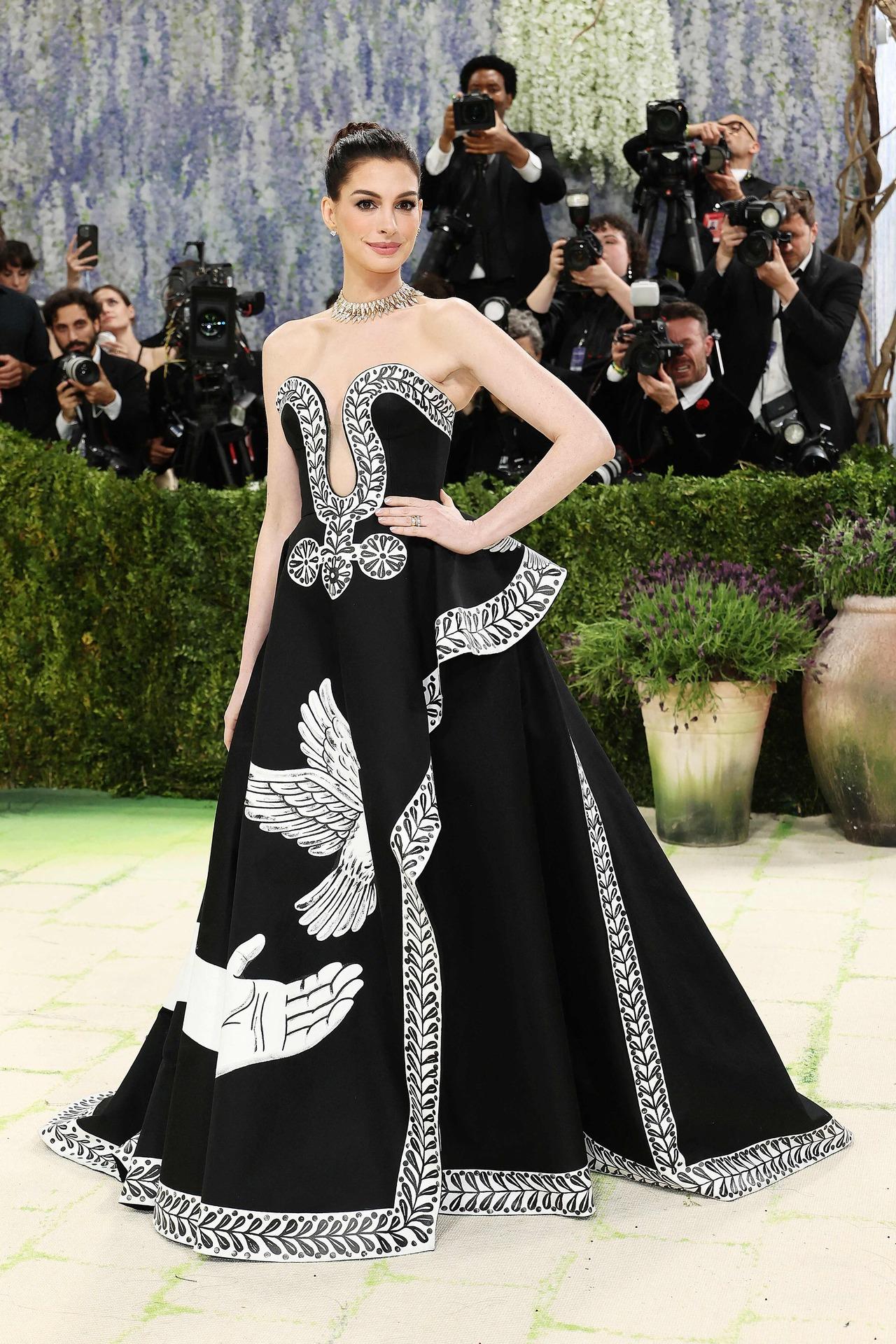 Anne Hathaway attended Met Gala 2026 in Michael Kors ensemble consisting of a black-and-white gown that was hand-painted by artist Peter McGough. While the front of Hathaway's flowing dress featured the image of a hand reaching out to a dove, the back had a stunning painting of the Goddess of Peace sprawling across the black fabric.