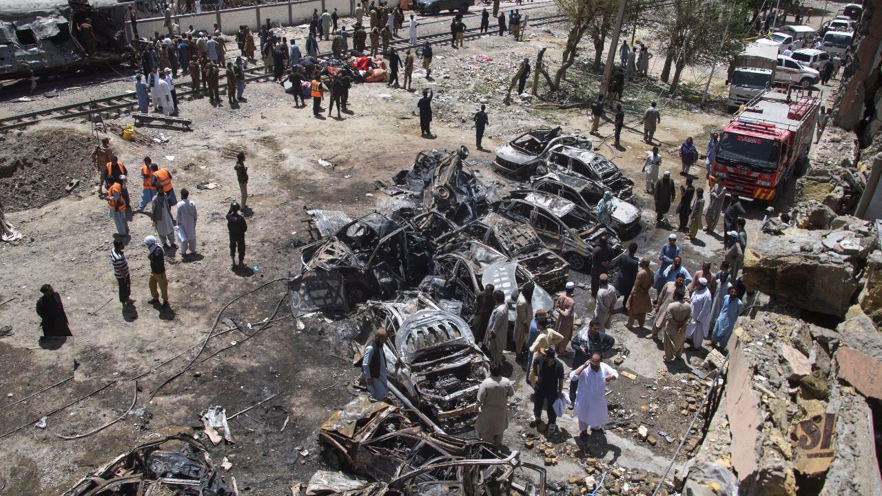 Security personnel inspect the damaged railway track and twisted metal debris at the site of the explosion in Balochistan’s capital city, Pakistan’s largest yet economically underdeveloped province. Security personnel inspect the damaged railway track and twisted metal debris at the site of the explosion in Balochistan’s capital city, Pakistan’s largest yet economically underdeveloped province.