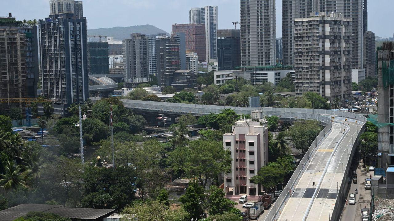 The stretch of the Mrinaltai Gore Flyover stands ready to enhance east-west connectivity in Goregaon, captured from above