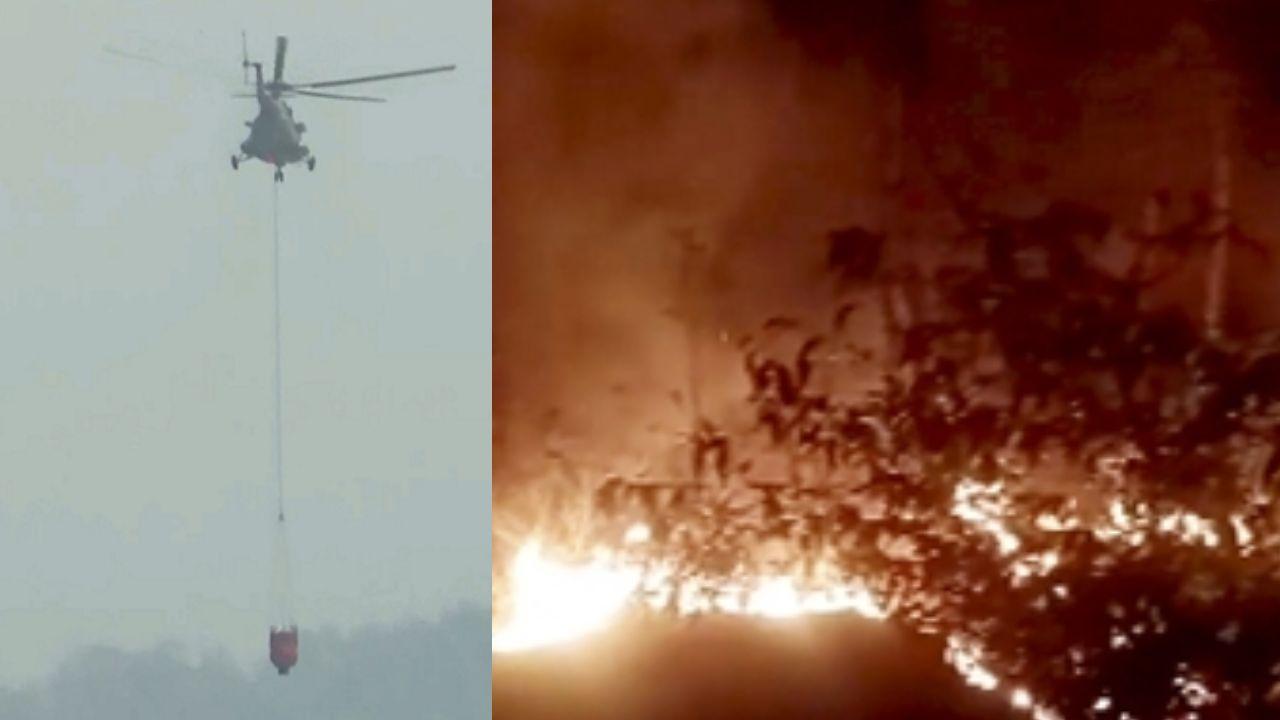 An Mi-17 helicopter of the Indian Air Force carries out Bambi Bucket sorties, collecting water from Sukhna Lake to douse flames raging across the Kasauli hills An Mi-17 helicopter of the Indian Air Force carries out Bambi Bucket sorties, collecting water from Sukhna Lake to douse flames raging across the Kasauli hills