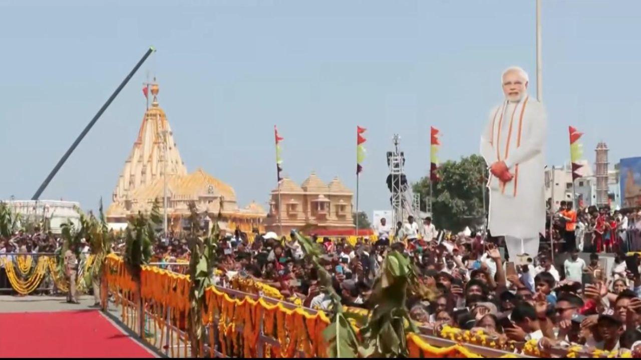 The Somnath Temple, one of the 12 Jyotirlingas, stands decorated as it prepares to host rituals including Abhishek and Maha Pooja by the Prime Minister