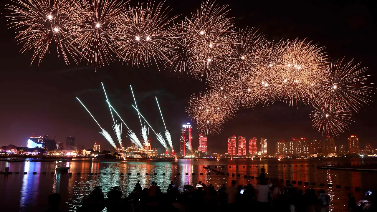 Fireworks explode over the Katara Cultural Village during the celebrations to mark the start of Eid al-Adha, the Feast of Sacrifice, in Doha on May 27 Fireworks explode over the Katara Cultural Village during the celebrations to mark the start of Eid al-Adha, the Feast of Sacrifice, in Doha on May 27