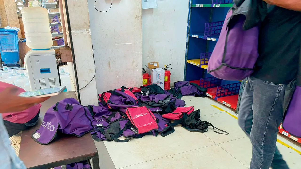 Mumbai’s 10-minute delivery promise hits a reality check amid delays and staff shortages Delivery bags at a store after packers quit. Pic/Madhulika Ram Kavattur