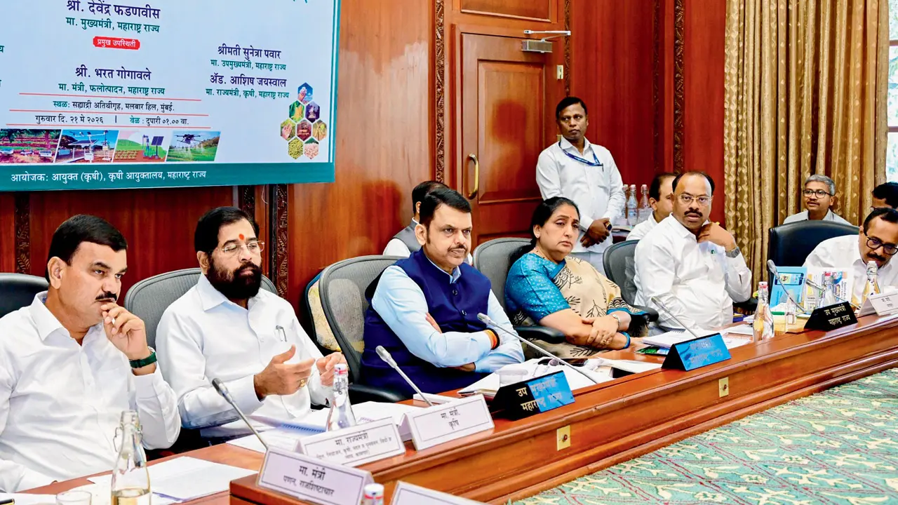 Chief Minister Devendra Fadnavis (in blue jacket) chairs a review meeting on agriculture with his deputies and senior officials on Thursday. PIC/X/@CMOMaharashtra