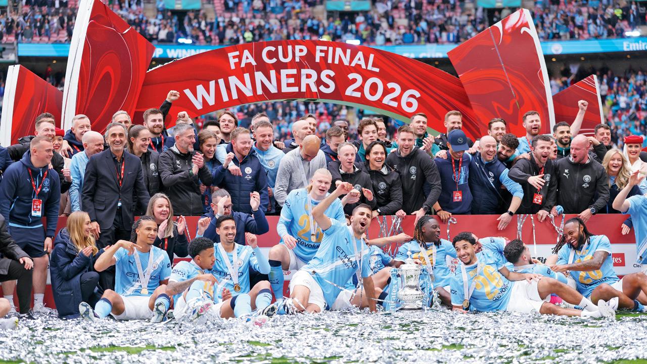 Manchester City players celebrate after winning the FA Cup on Saturday. Pics/Getty Images 