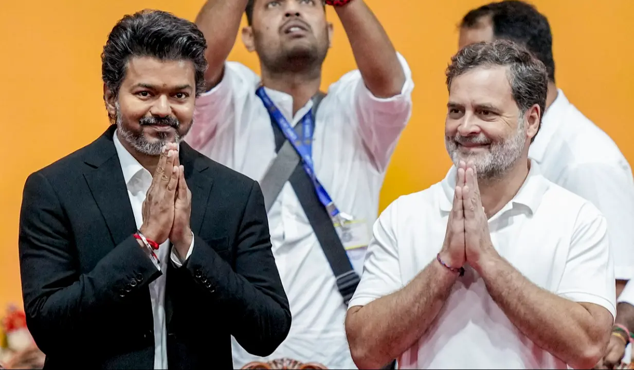 Newly-elected Tamil Nadu Chief Minister and Tamilaga Vettri Kazhagam (TVK) chief C Joseph Vijay with Congress MP and Lok Sabha LoP Rahul Gandhi. Pic/PTI