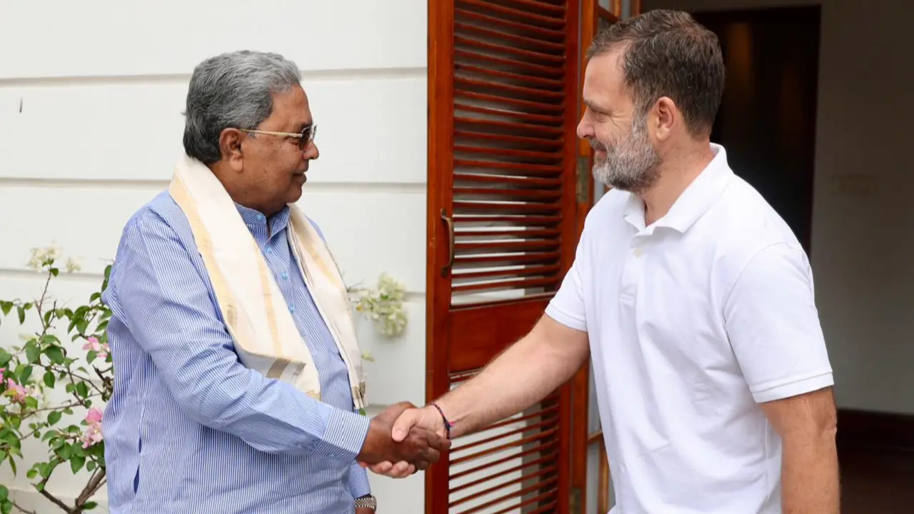 Congress MP and Lok Sabha LoP Rahul Gandhi with party leader Siddaramaiah. Pic/PTI