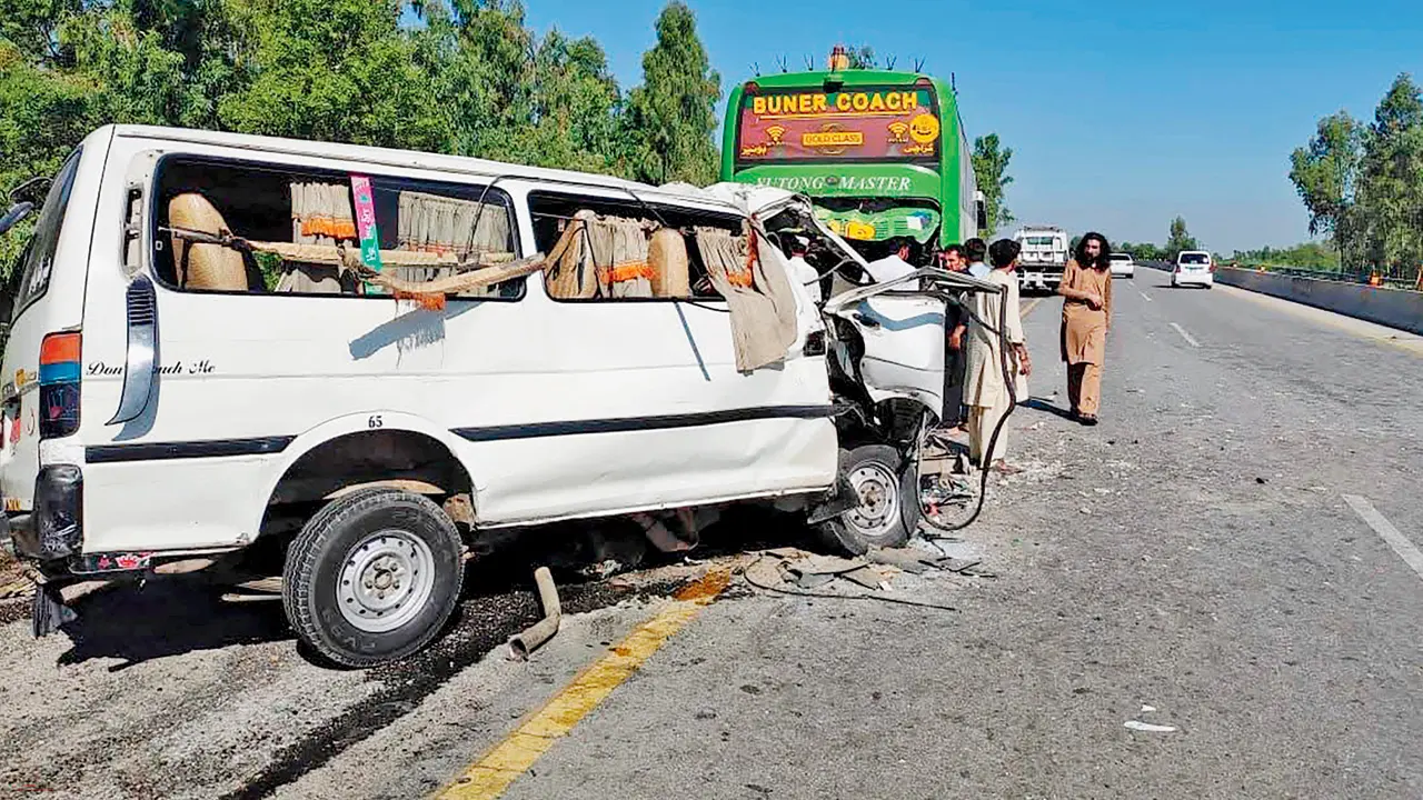 17 killed after speeding bus crashes into parked vehicle in Pakistan The damaged vehicles on the Swat Expressway after the accident on Monday. PIC/AFP
