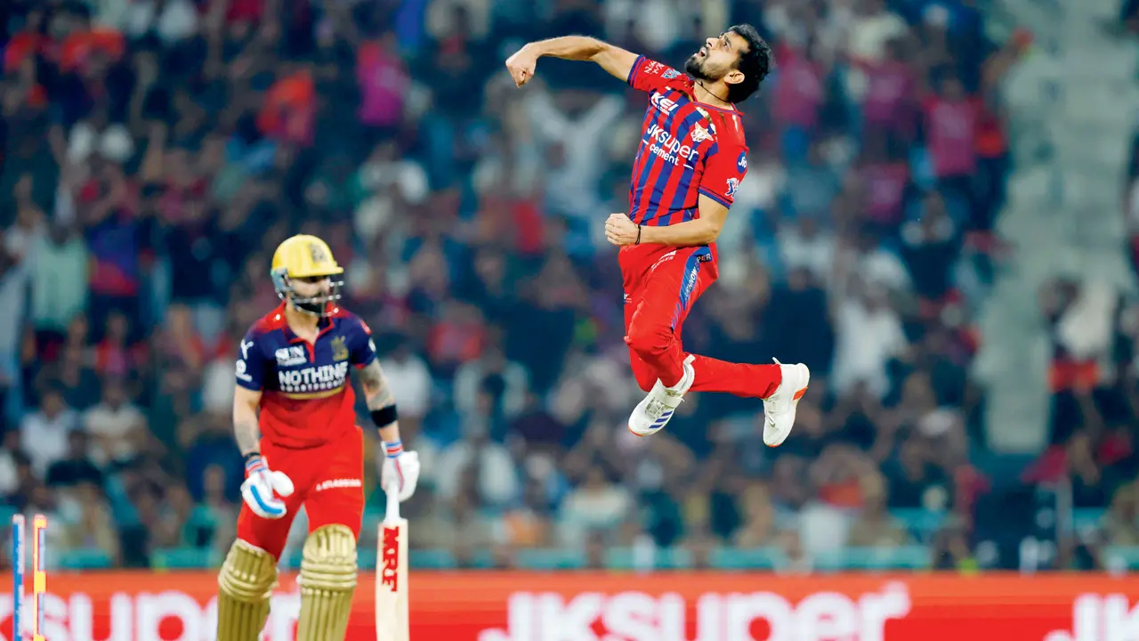 An ecstatic Prince Yadav celebrates after dismissing Virat Kohli in Lucknow on Thursday. PIC/IPL