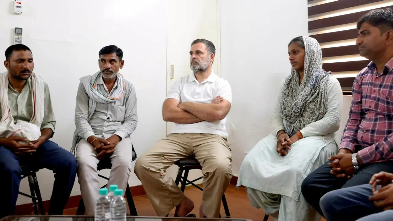 Leader of Opposition in the Lok Sabha Rahul Gandhi meets the family members of Pradeep Meghwal, who allegedly died by suicide over the NEET paper leak issue, in Rajasthan. Pic/X