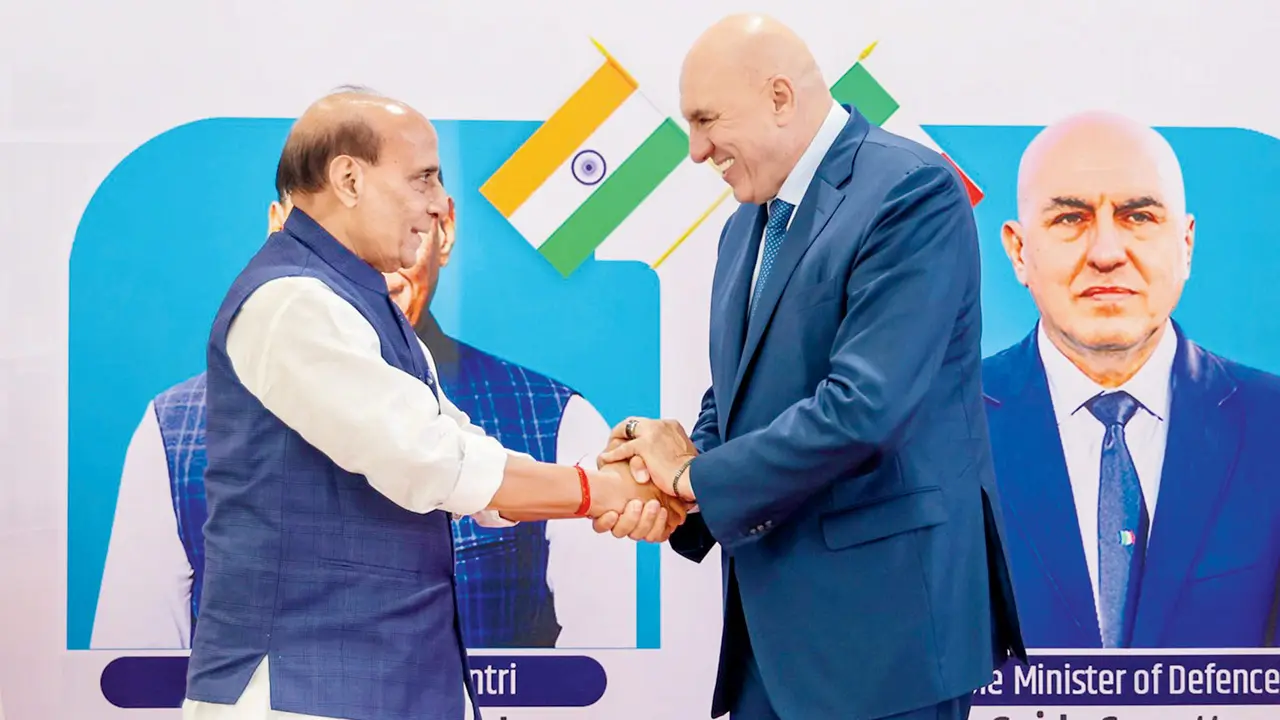 Defence Minister Singh (left) with his Italian counterpart Guido Crosetto, in New Delhi, on Thursday. PIC/PTI