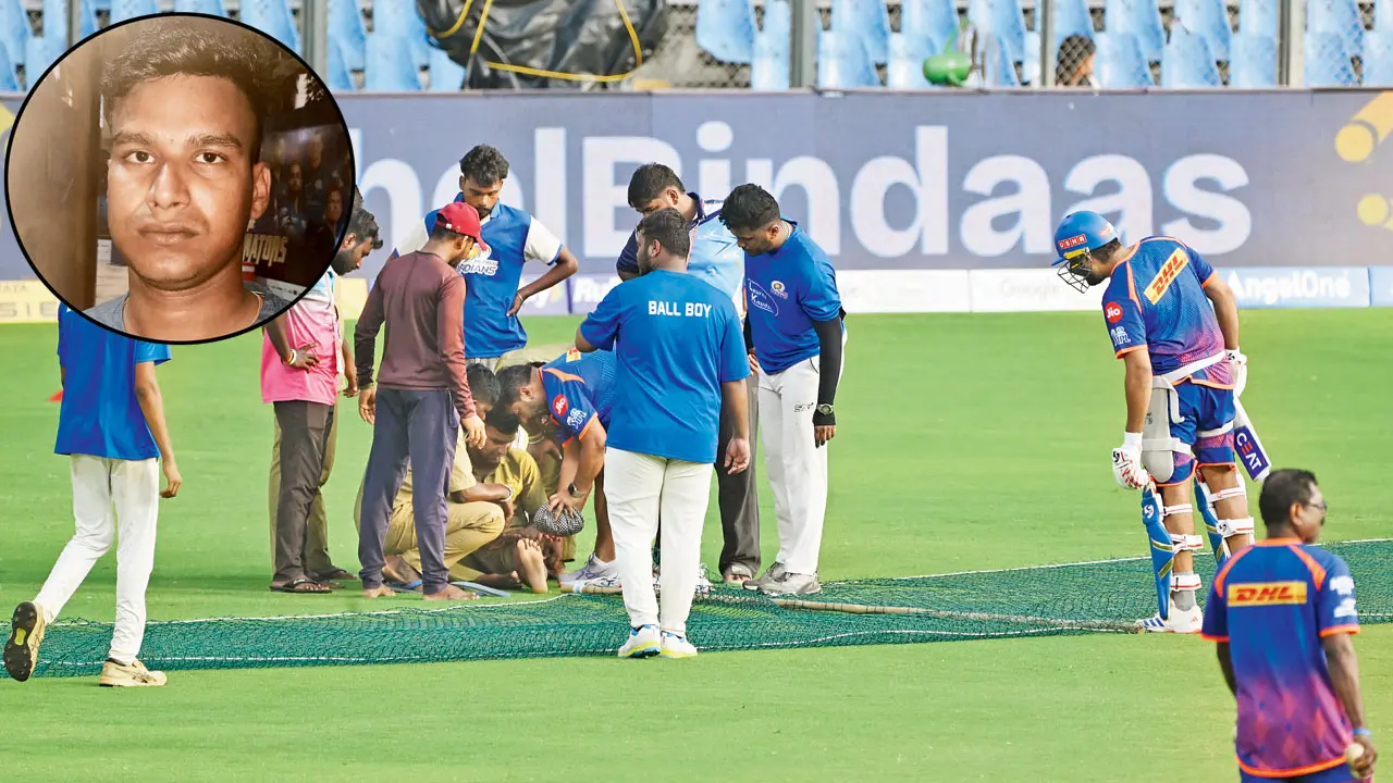 Rohit Sharma (right) watches as groundsman Siban Biswas (inset) receives medical attention at the Wankhede. Pic/Ashish Raje