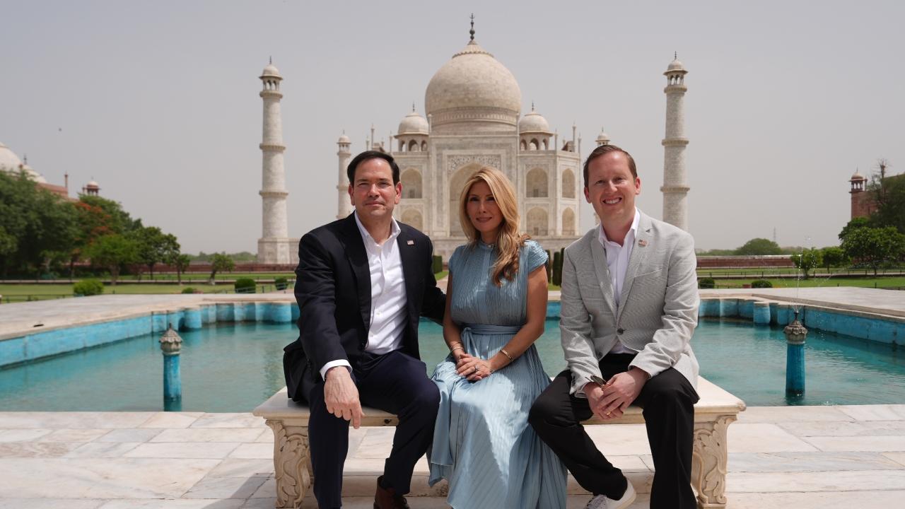 The US secretary of state, who was accompanied by US Ambassador to India Sergio Gor, spent around an hour at the 17th-century marble mausoleum. The ambassador also joined the Rubios for a photograph at the UNESCO World Heritage site. The US secretary of state, who was accompanied by US Ambassador to India Sergio Gor, spent around an hour at the 17th-century marble mausoleum. The ambassador also joined the Rubios for a photograph at the UNESCO World Heritage site.