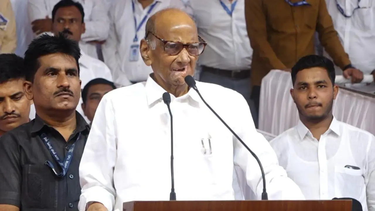 Sharad Pawar addresses a gathering at the Rayat Shikshan Sanstha's headquarters in Satara on Saturday. PIC/X