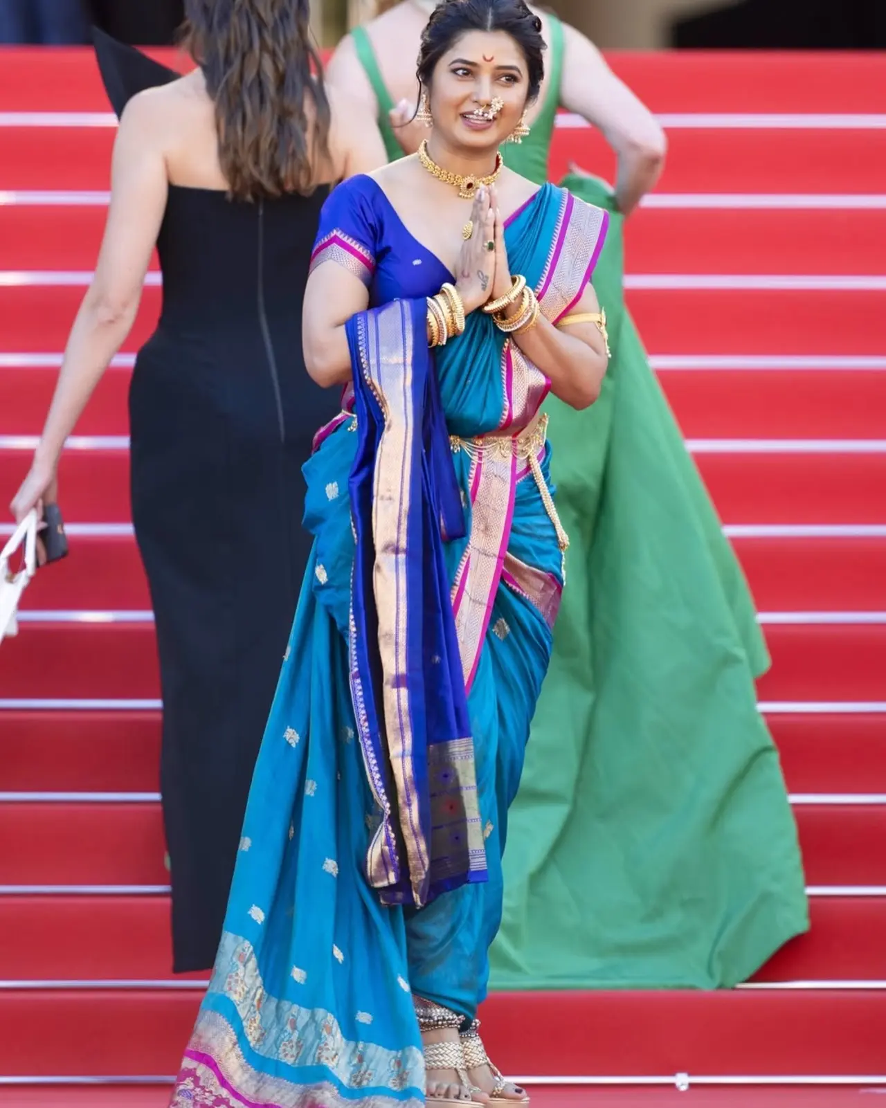 Actress Prajakta Mali also walked the red carpet and greeted photographers with a namaste pose.