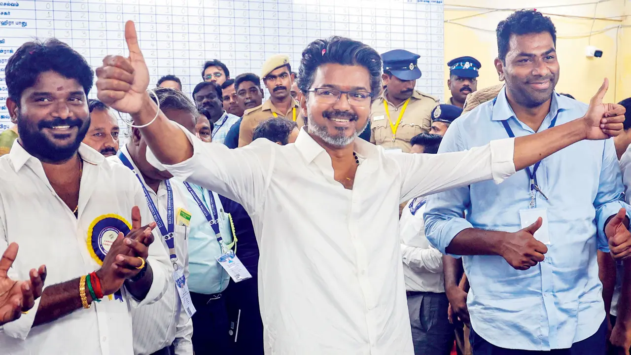 TVK chief Vijay celebrates after winning in Tamil Nadu polls. PIC/PTI