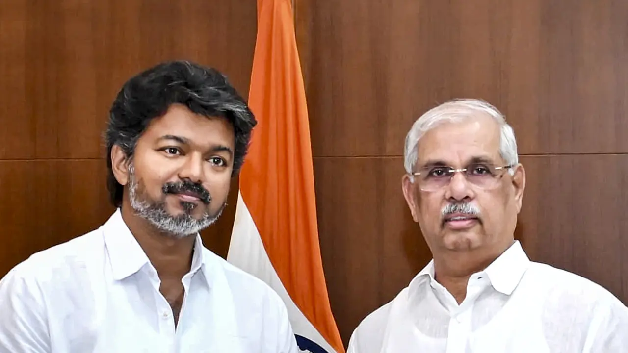 Tamil Nadu Governor Rajendra Arlekar with Tamilaga Vettri Kazhagam (TVK) chief Vijay during a meeting, at Lok Bhavan, in Chennai, on Wednesday. PIC/PTI