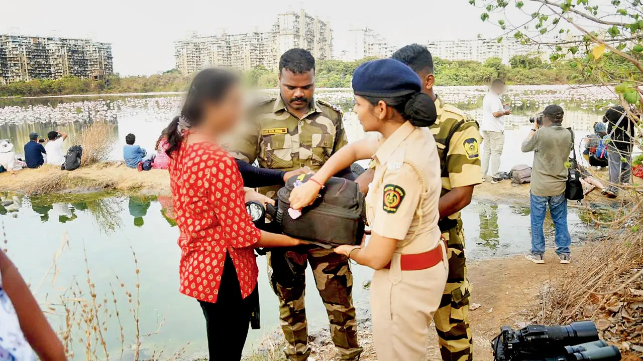 Police officers conduct inspections following complaints of illegal drone activities in Navi Mumbai’s flamingo zones. Pics/By Special Arrangement