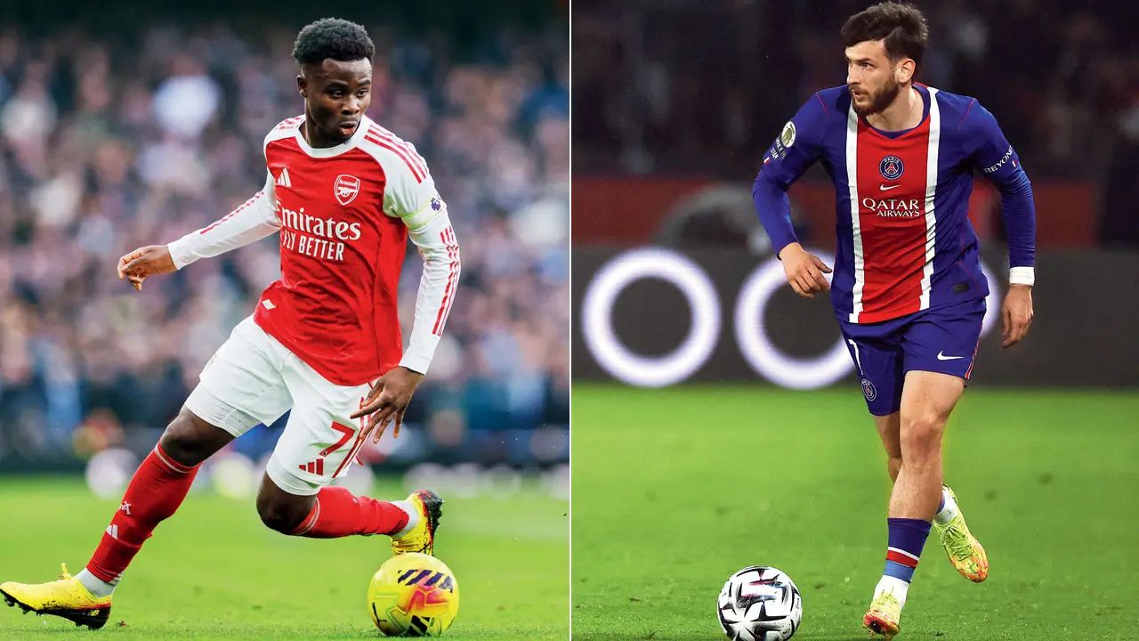 Arsenal’s Bukayo Saka moves with the ball during an English Premiership game against Chelsea; (right) PSG’s Khvicha Kvaratskhelia during a recent French Ligue 1 clash against Brest. Pics/AFP