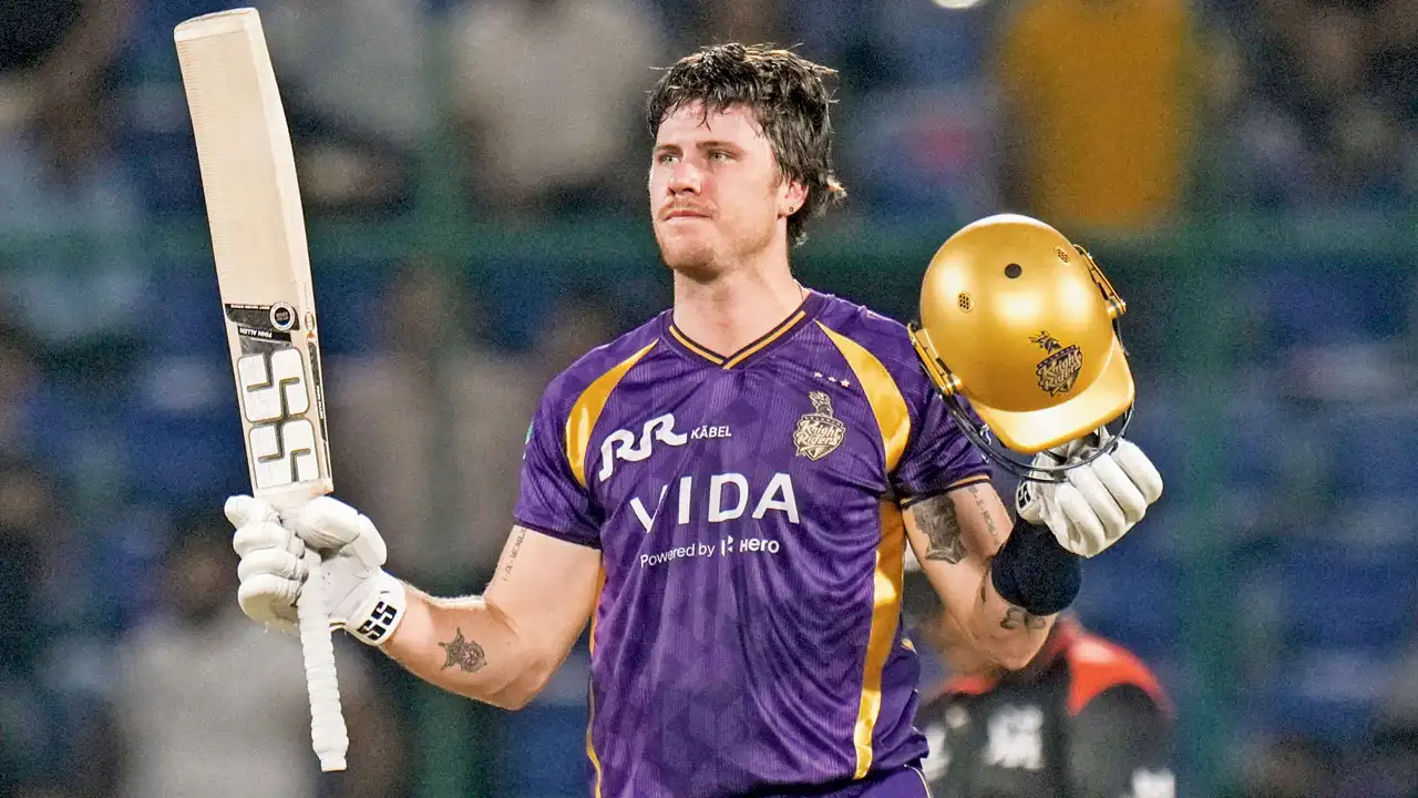 IPL 2026: ‘I’ve been working on having more strings in my bow,' Allen KKR’s Finn Allen celebrates his century against DC in New Delhi on Friday. Pic/PTI
