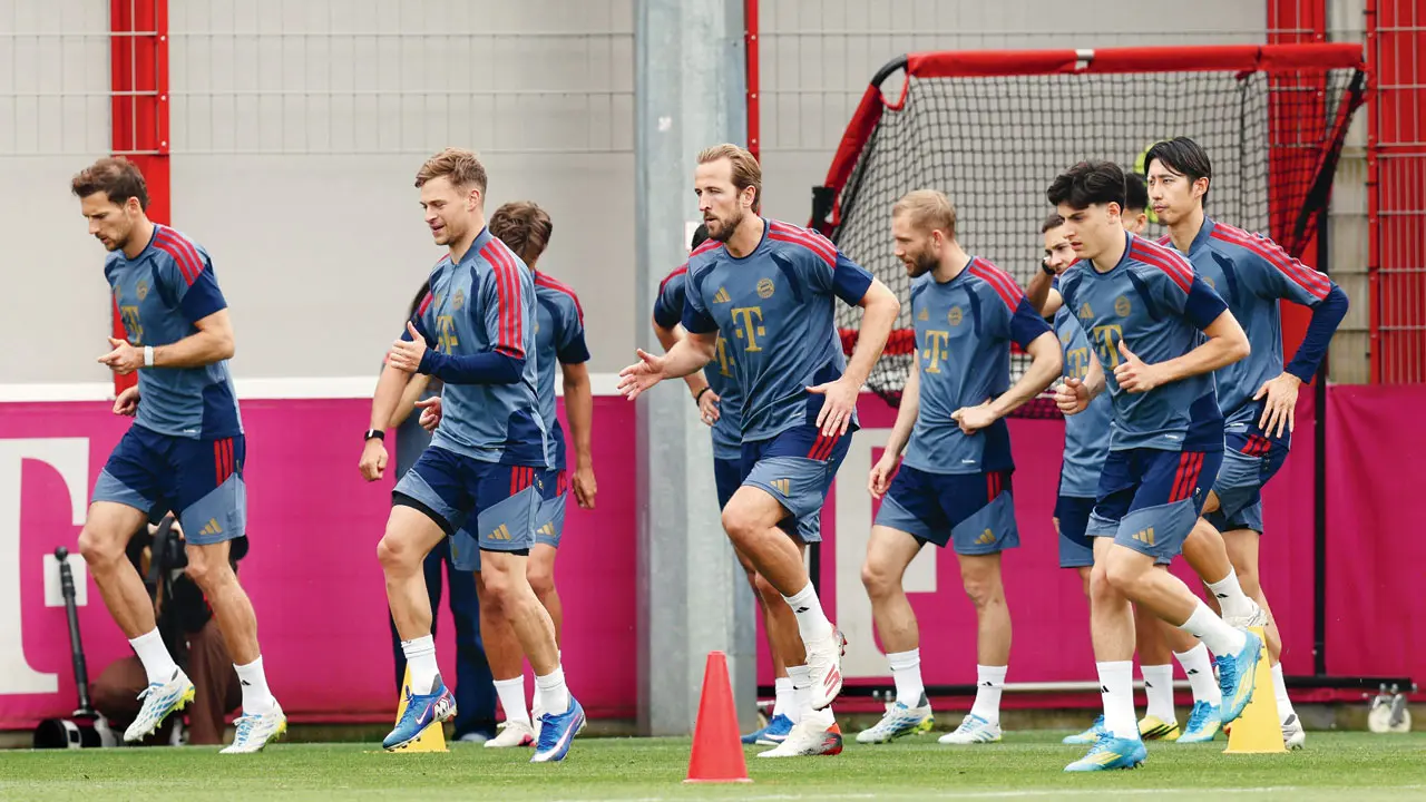 Bayern Munich players during a training session on the eve of their UCL semi-final vs PSG on Tuesday. Pic/AFP