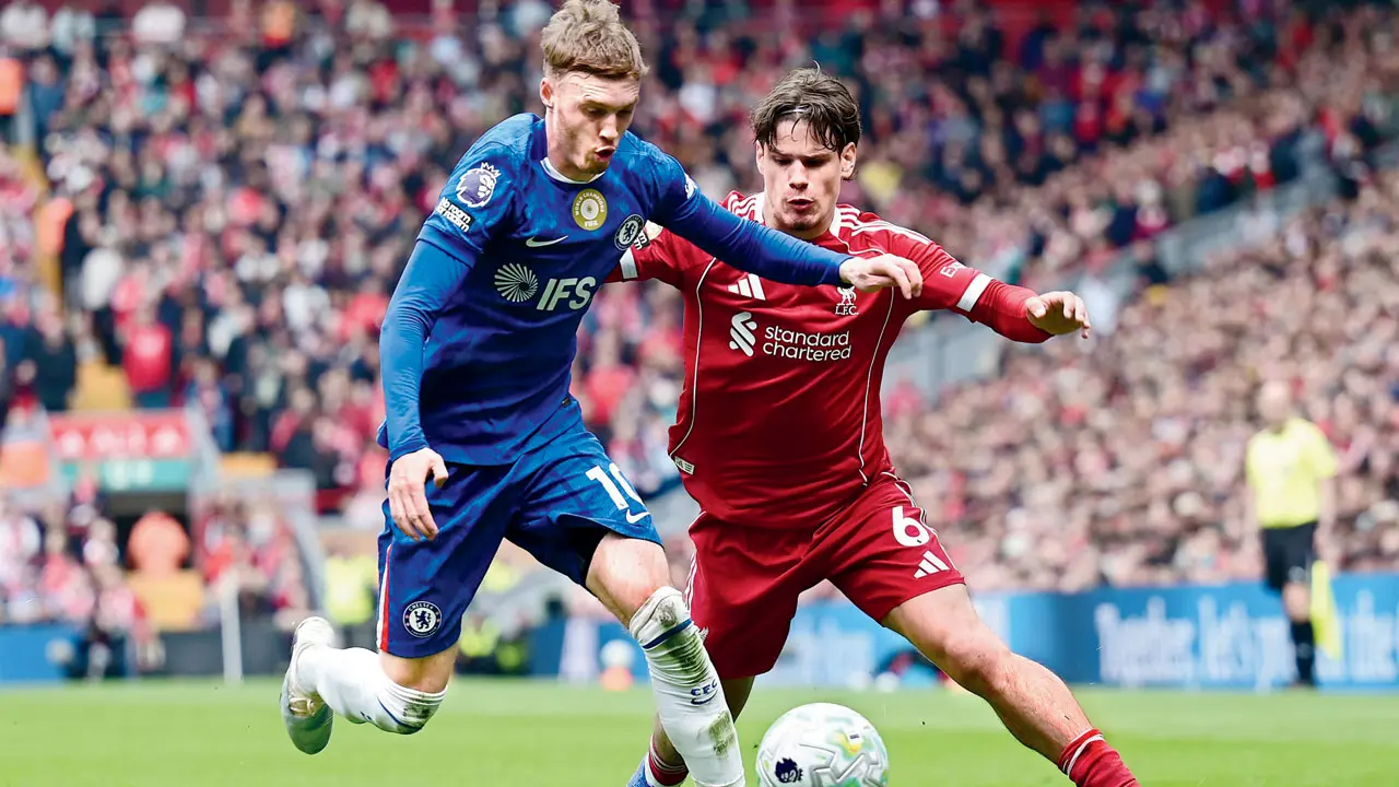 Chelsea’s Cole Palmer holds off Liverpool’s Milos Kerkez during their English Premier League encounter on Saturday. Pic/Getty Images
