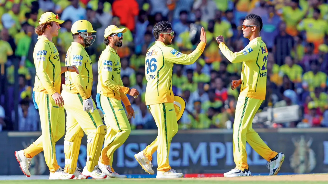 CSK players celebrate the wicket of Aiden Markram during their match against LSG in Chennai on Sunday. Pics/IPL