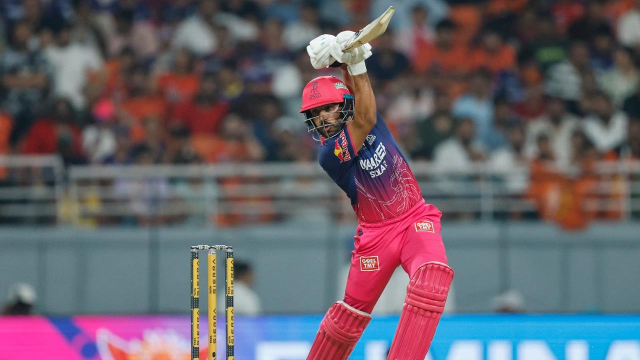 Wicketkeeper-batsman Dhruv Jurel smashed 50 runs in 21 balls, with the help of five boundaries and three maximums (Pic: X/@rajasthanroyals) Wicketkeeper-batsman Dhruv Jurel smashed 50 runs in 21 balls, with the help of five boundaries and three maximums (Pic: X/@rajasthanroyals)