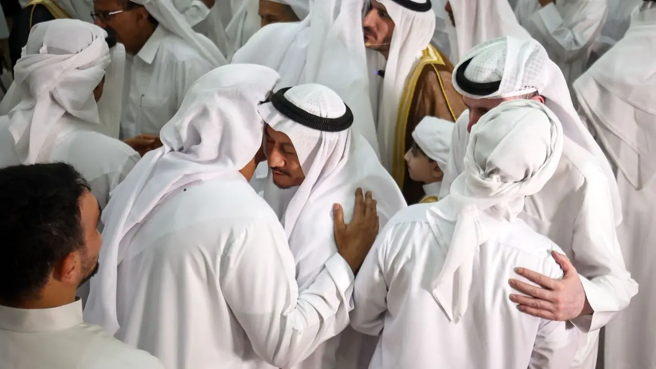 In Dubai, worshippers greet one another after early Eid prayers at the Al Farooq Omar Bin Al Khattab Mosque In Dubai, worshippers greet one another after early Eid prayers at the Al Farooq Omar Bin Al Khattab Mosque