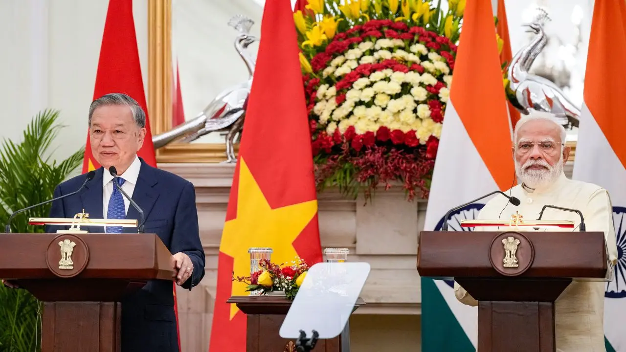 PM Modi and Vietnam President To Lam during a joint press statement at Hyderabad House, in New Delhi (Pic/PTI)