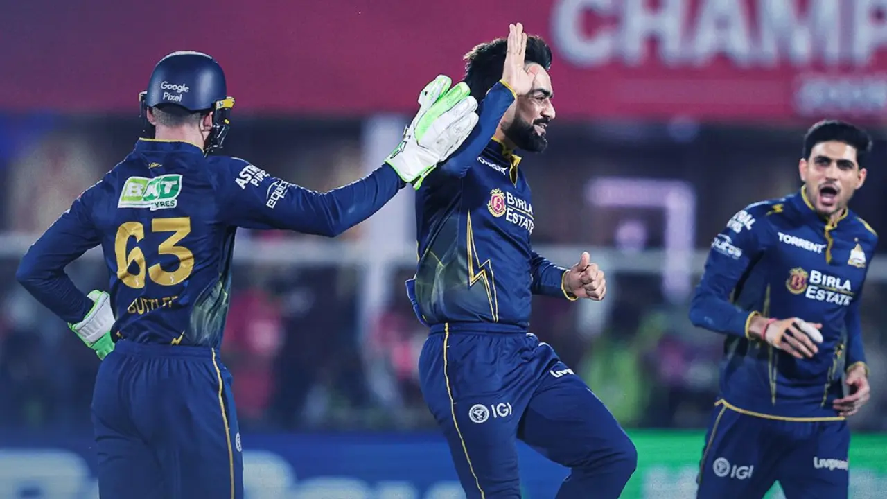 Gujarat Titans' (GT) players celebrate a wicket during the IPL 2026 match against Rajasthan Royals (RR) (Pic: X/@gujarat_titans)