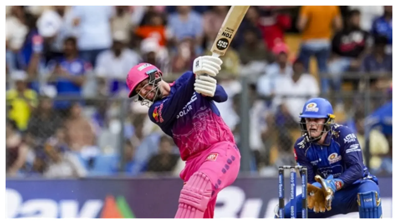 IPL 2026: Ravindra Jadeja's late cameo takes RR to 203/8 against MI Rajasthan Royals. (Pic: PTI)